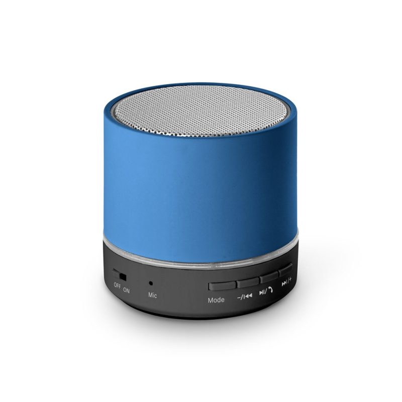 Blue portable Bluetooth speaker with control buttons.