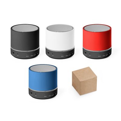 Four wireless speakers in various colours and a box.