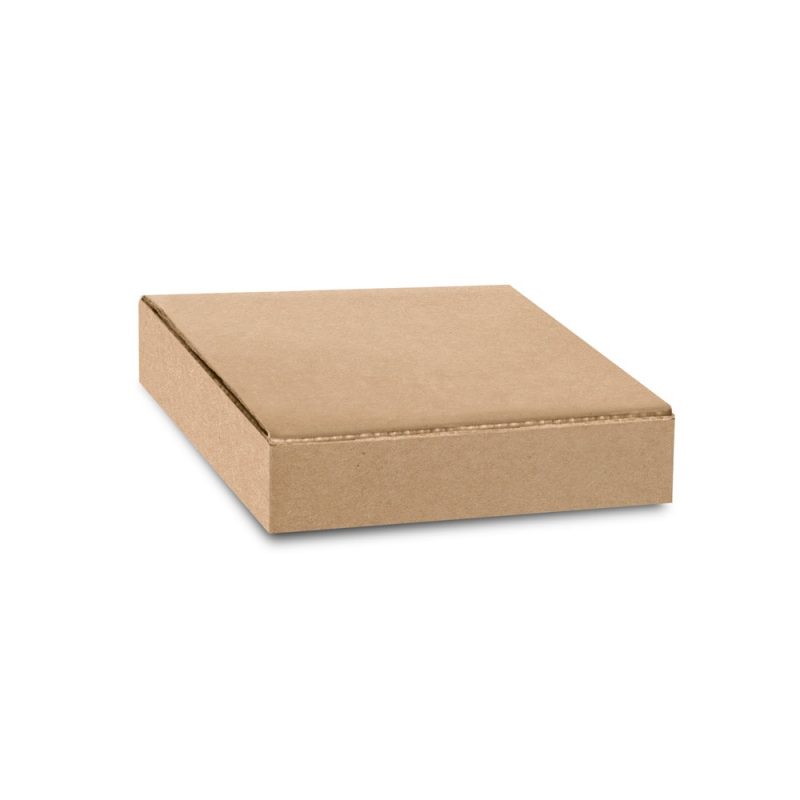 Square brown cardboard box, closed and flat.