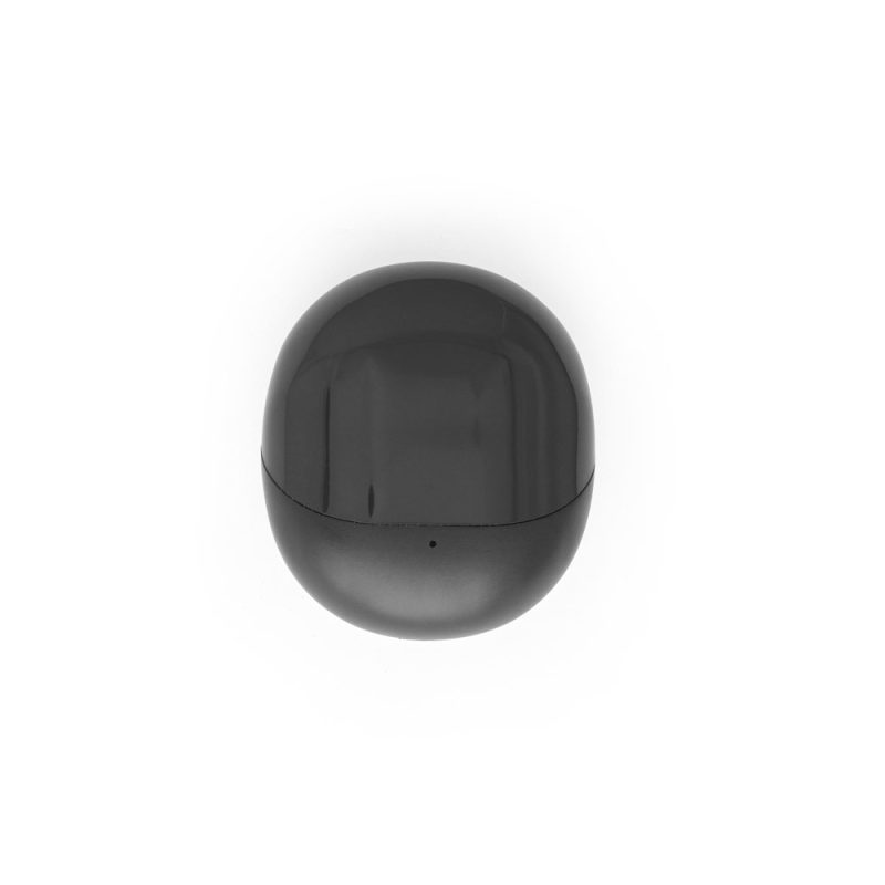 Black wireless earphone charging case on white background.