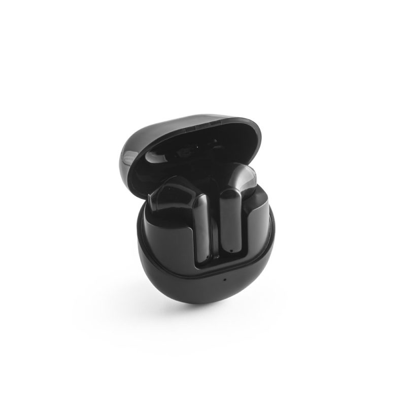 Black wireless earbuds in open charging case.