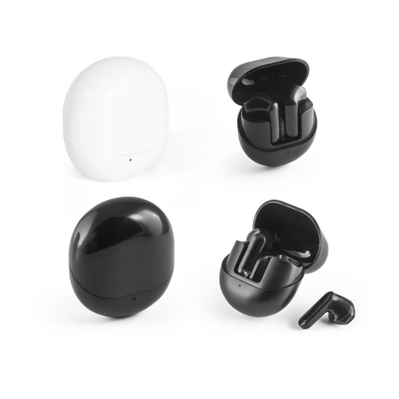 Black and white wireless earbuds with charging cases.