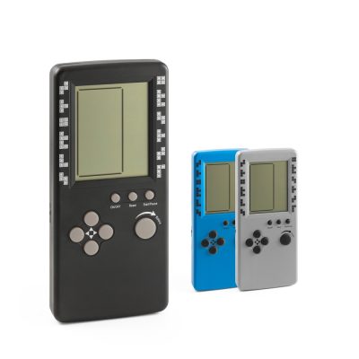 Three retro handheld gaming consoles in different colours.