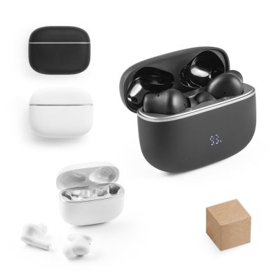 Wireless earphones with charging case and box.
