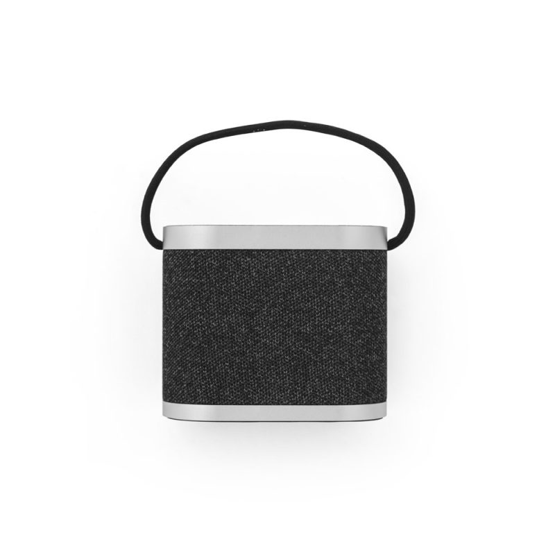 Portable speaker with black handle and fabric cover.
