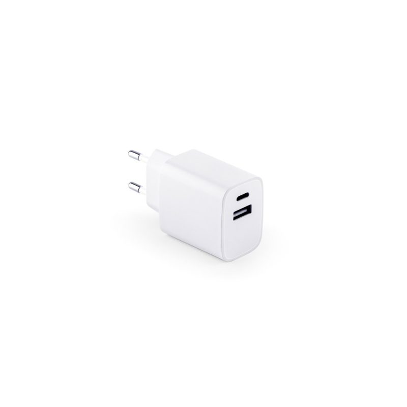 White dual USB wall charger plug.