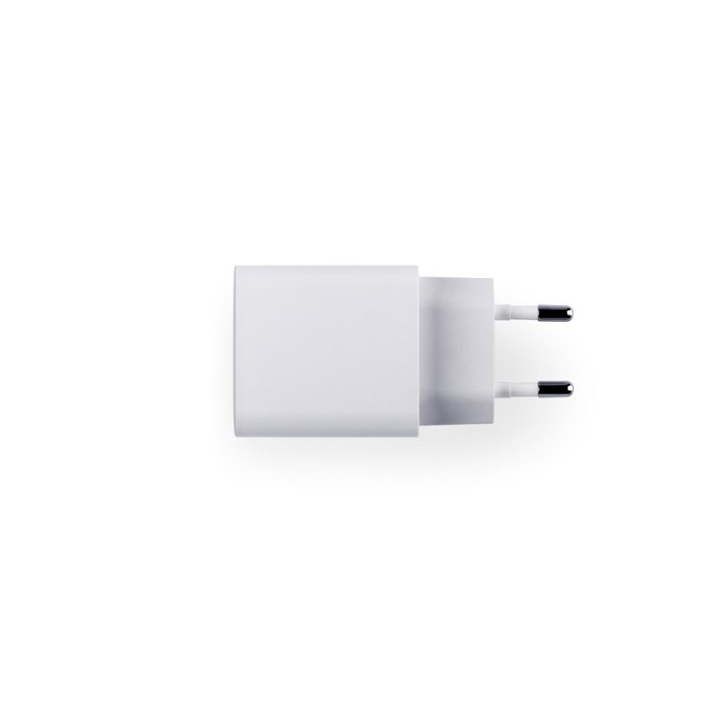 White European plug phone charger on white background.