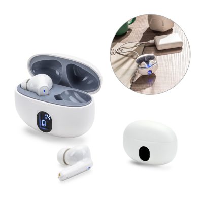 Wireless earbuds with charging case on table.