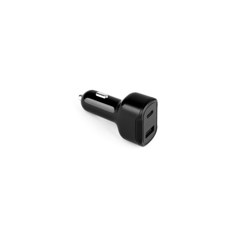 Black dual-port car charger adapter.