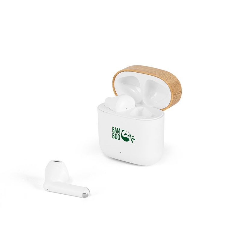 Wireless earbuds in bamboo case
