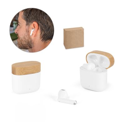 Wireless earbuds in bamboo case with user illustration.
