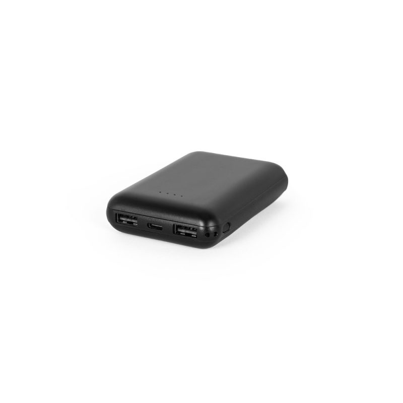 Black portable charger with USB ports.