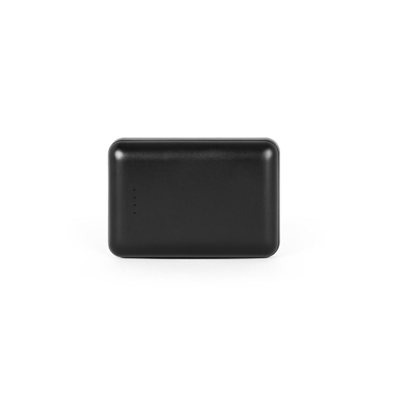 Black power bank with four LED indicators.