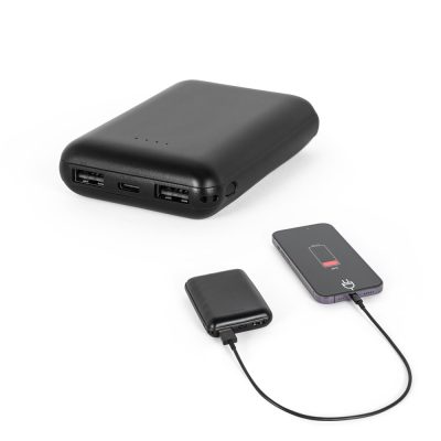 Portable charger charging a smartphone.