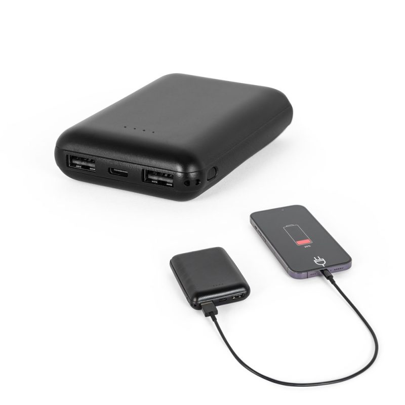 Portable charger charging a smartphone.
