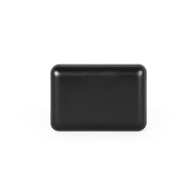 Black portable power bank on white background.