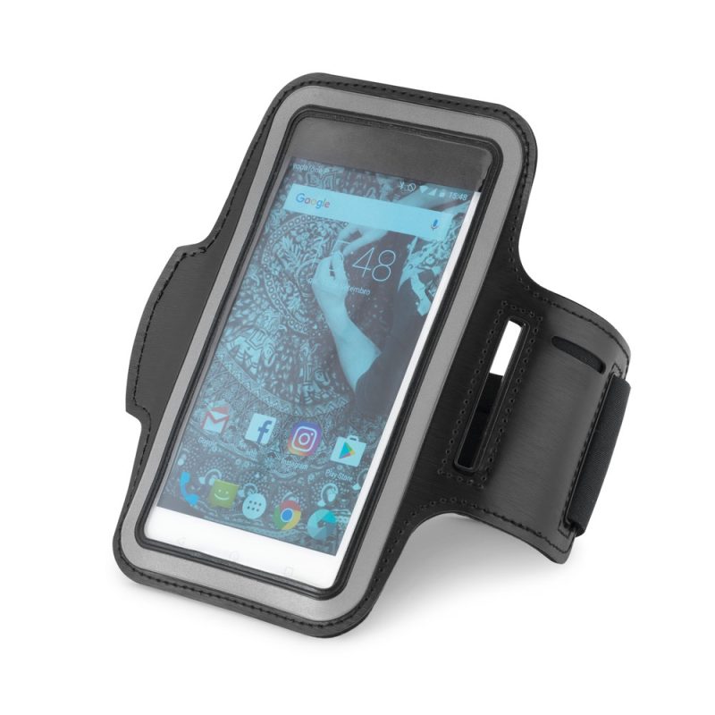 Black smartphone armband case with touchscreen display.