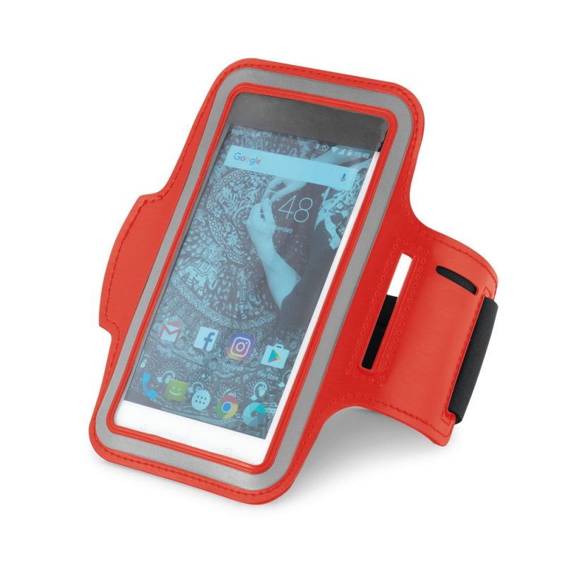 Red smartphone holder with clear front cover.