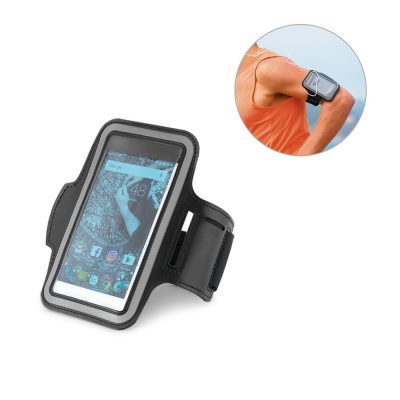 Running armband phone holder, black, with touchscreen access.