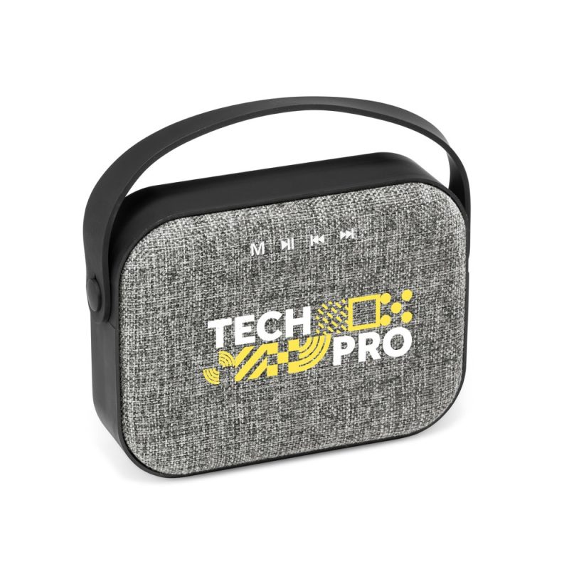 Grey portable speaker with black handle