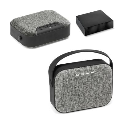 Portable grey Bluetooth speaker with handle and box.