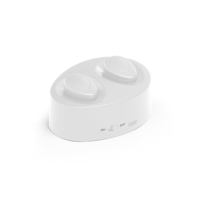 White charging dock with earbuds and switch.