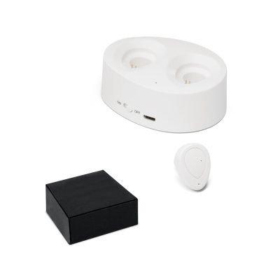 Wireless earbud set with charging dock and box.