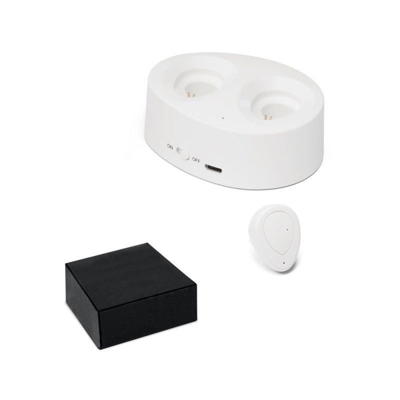 Wireless earbud set with charging dock and box.