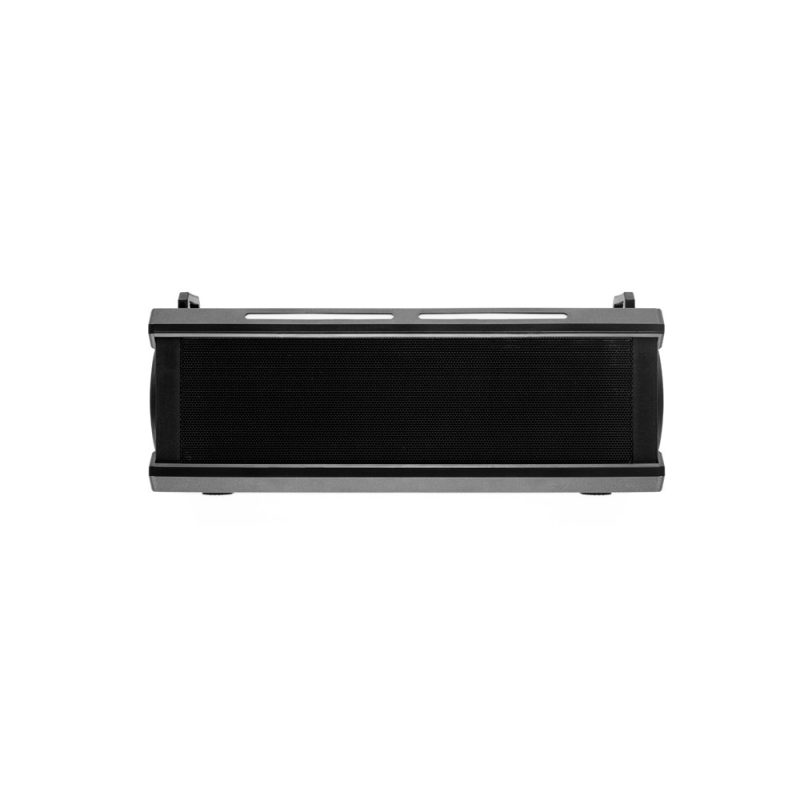 Black soundbar speaker, front view, isolated on white.