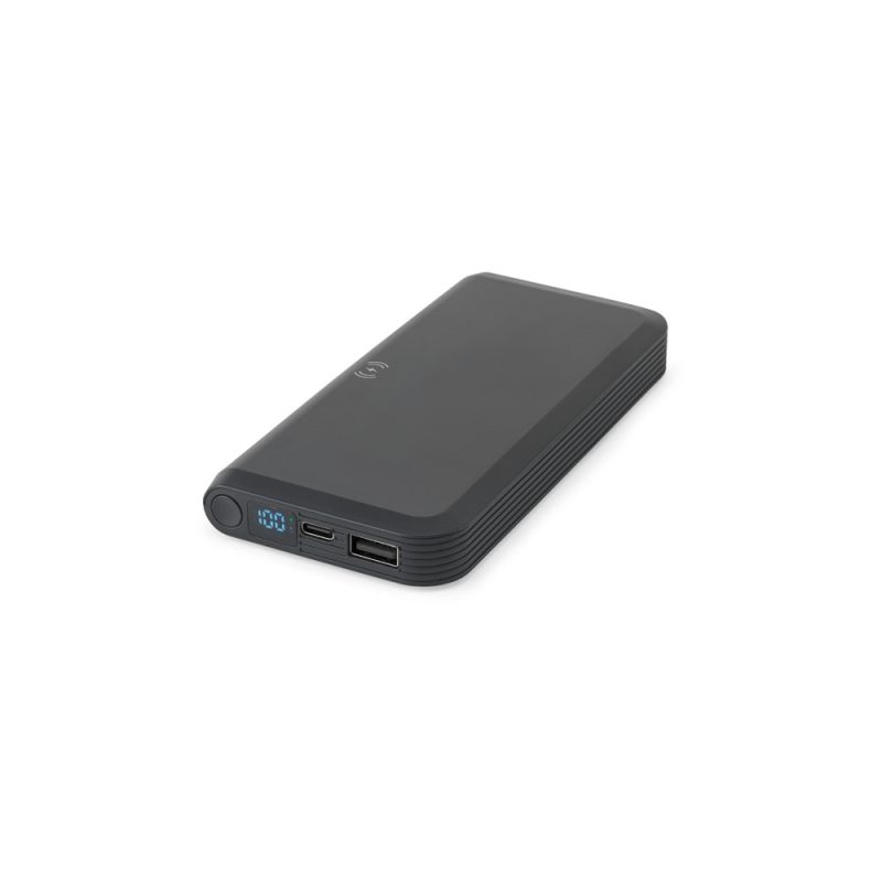 Black portable power bank with digital display.