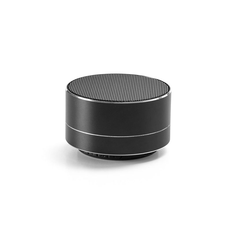 Black portable Bluetooth speaker on white background.