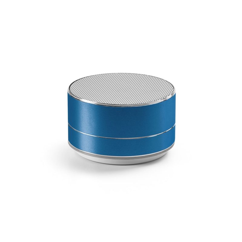 Blue portable Bluetooth speaker on display.