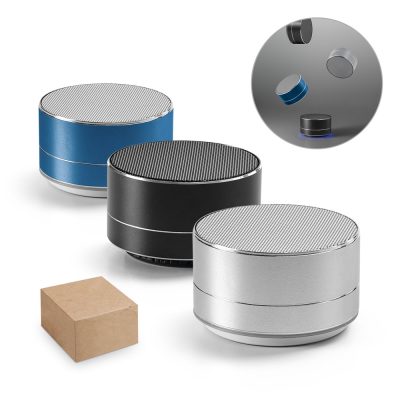 Colourful round Bluetooth speakers and cardboard box.