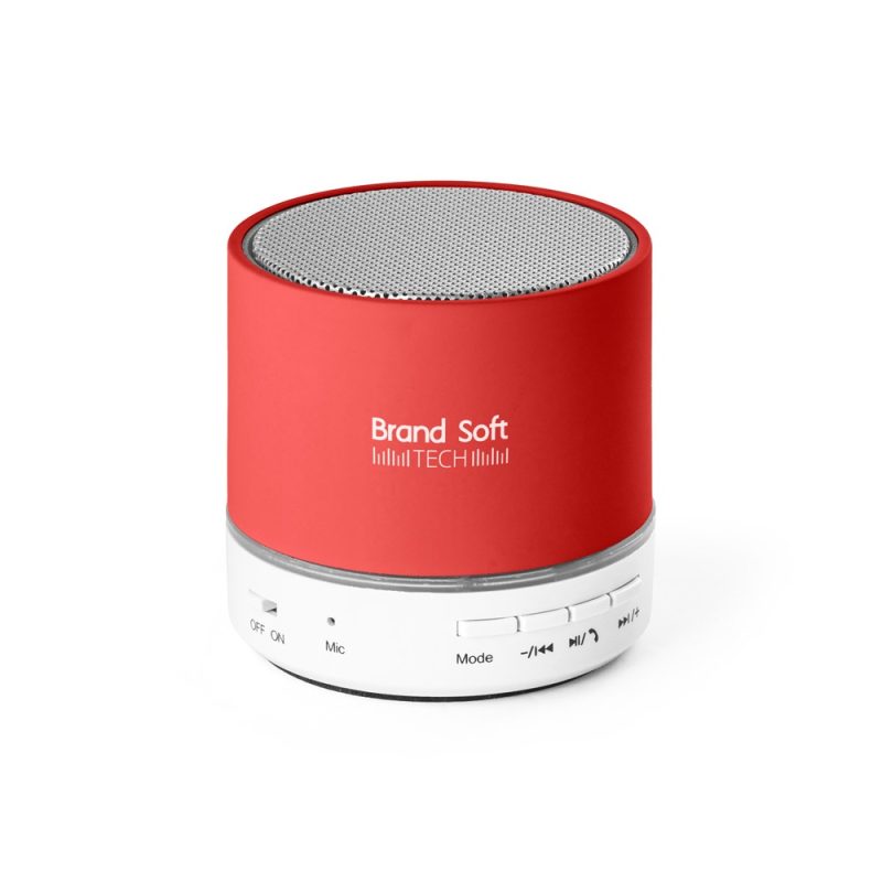Red portable Bluetooth speaker with control buttons.