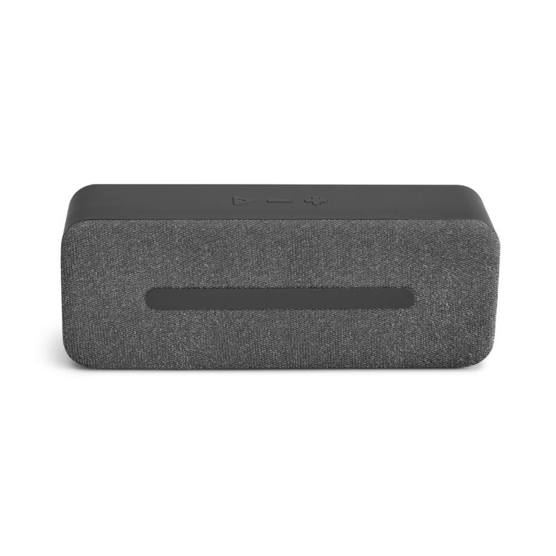 Black rectangular Bluetooth speaker on white background.