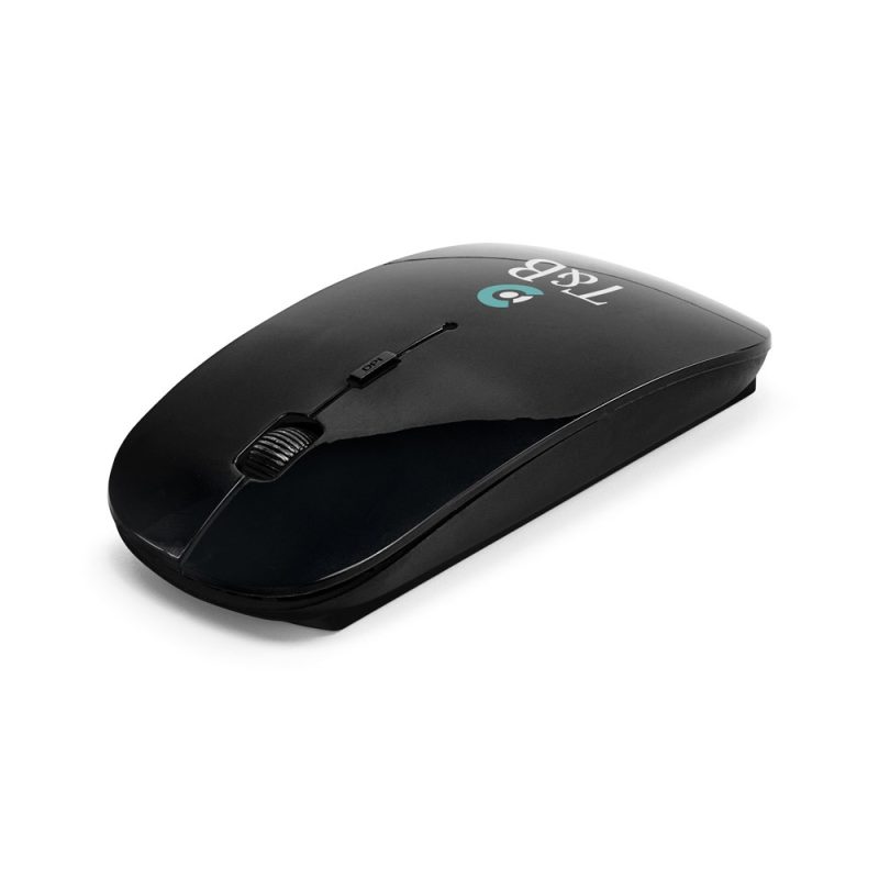 Black wireless computer mouse on white background.