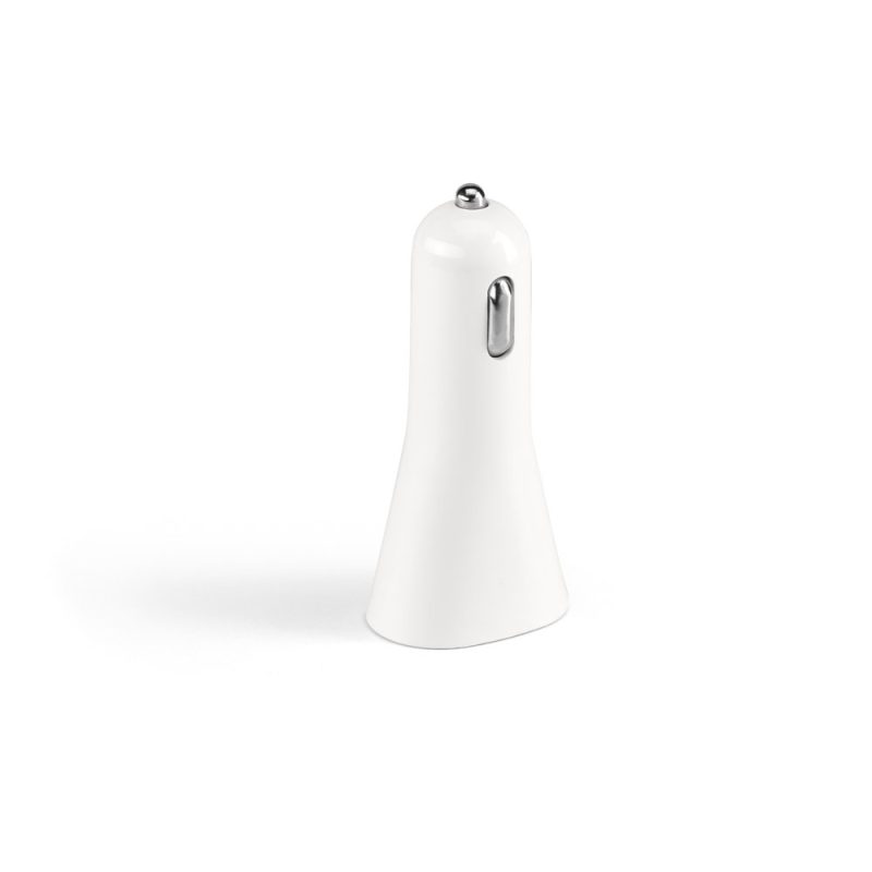 White USB car charger on white background.