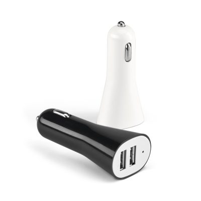 Black and white dual USB car chargers.