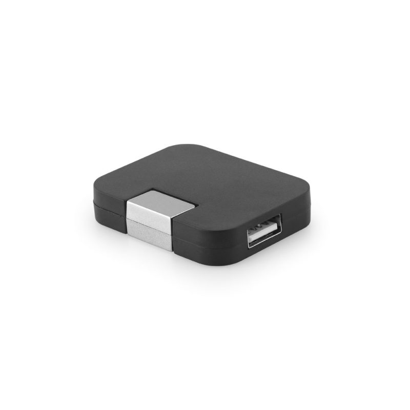 Compact black USB hub with four ports.