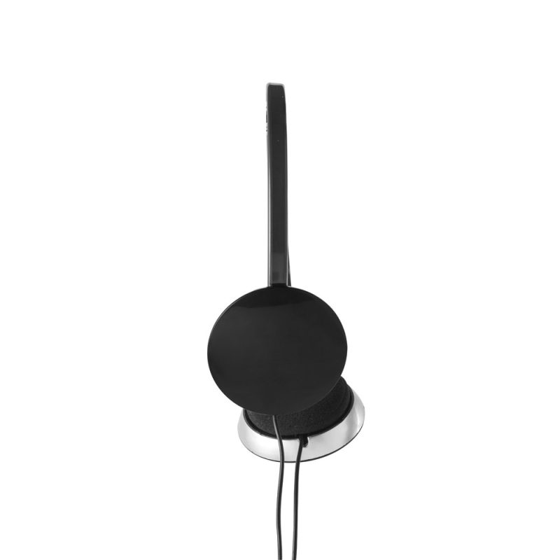 Black headphones with cable on white background.