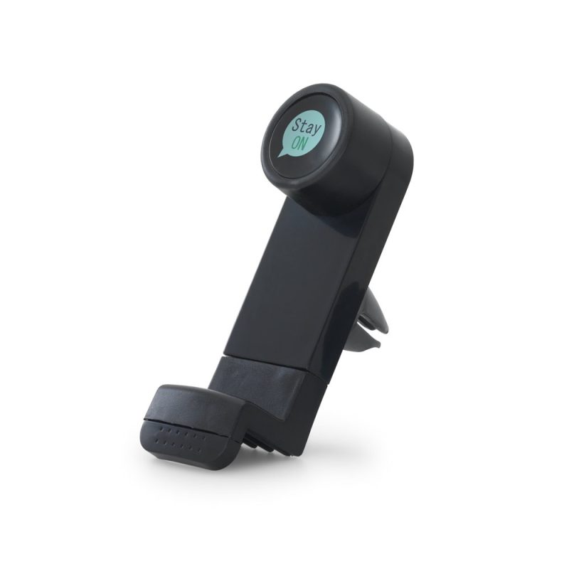 Car phone holder with 'Stay On' button.