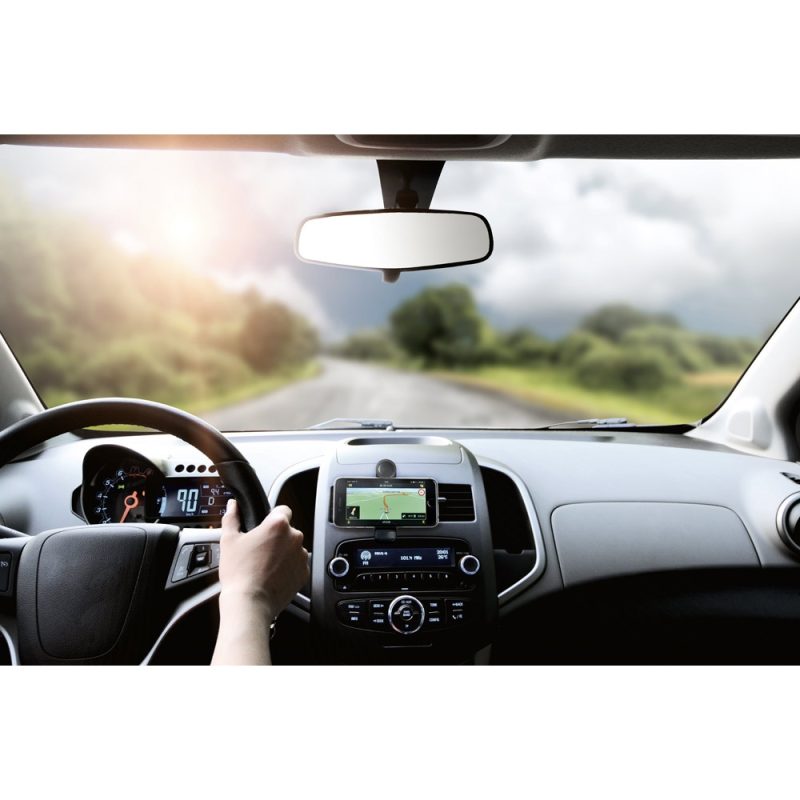 Driving with GPS navigation on highway.