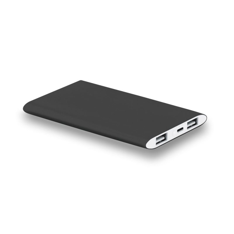 Slim black power bank with two USB ports.