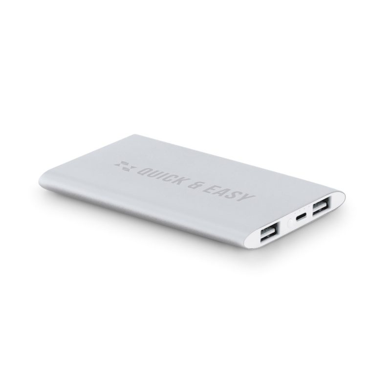 Sleek silver power bank with USB ports.