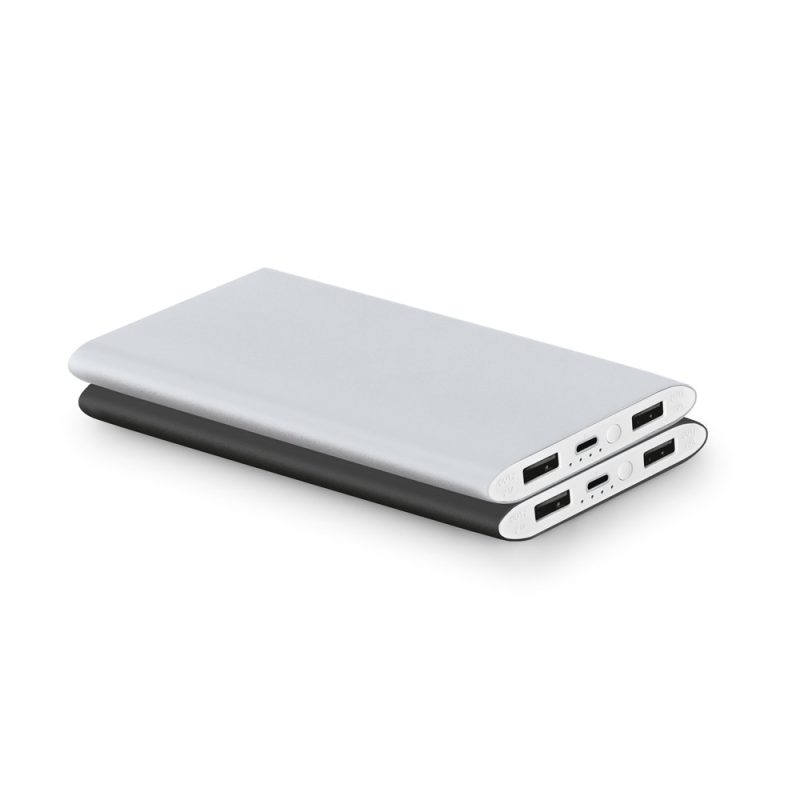 Stacked slim portable chargers with USB ports.