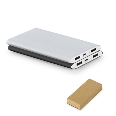 Slim portable power banks with packaging box.