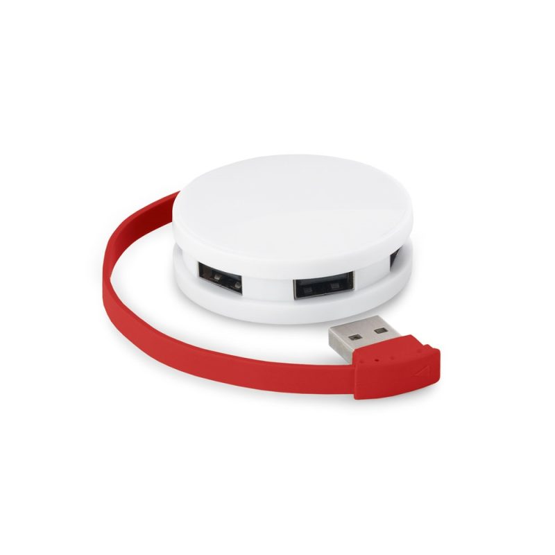 White round USB charger with red cable