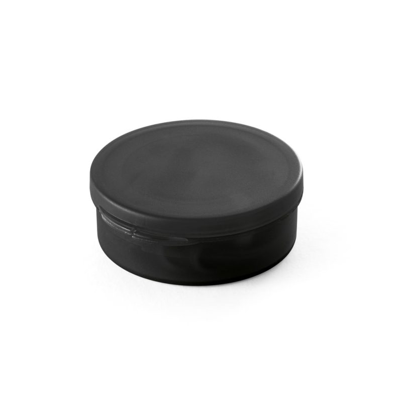 Black round container with lid, isolated on white.