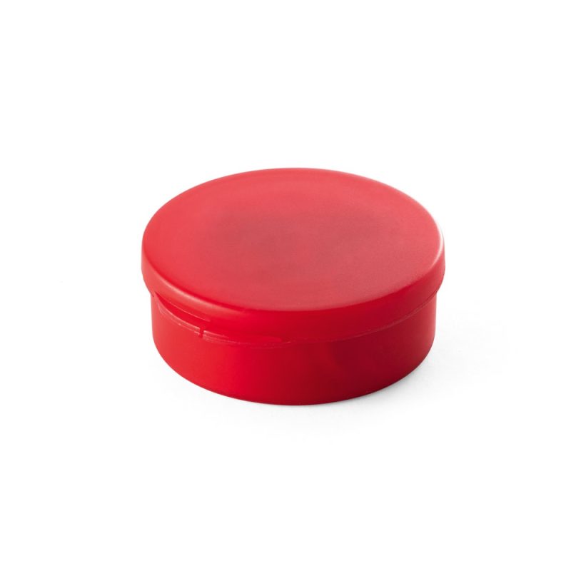 Red plastic round container, lid closed.