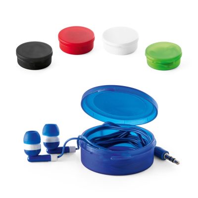 Colourful earphones in round cases.